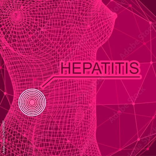 Hepatitis text. Wire frame silhouette of woman suffering from liver disease. Connected lines with dots.