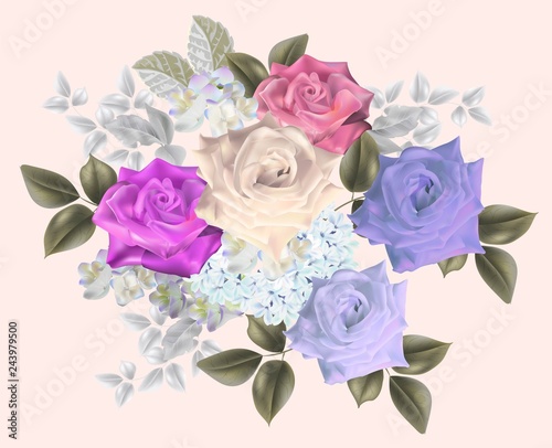 Floral bouquet seamless pattern of romantic roses  vector illustration - Vector