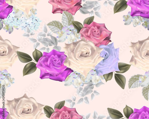 hydrangea little purpleFloral bouquet seamless pattern of romantic roses ,vector illustration - Vector