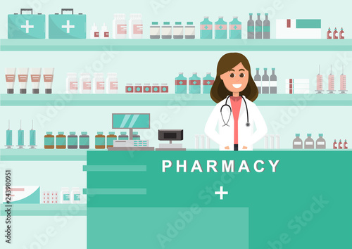 pharmacy with nurse in counter. drugstore cartoon character