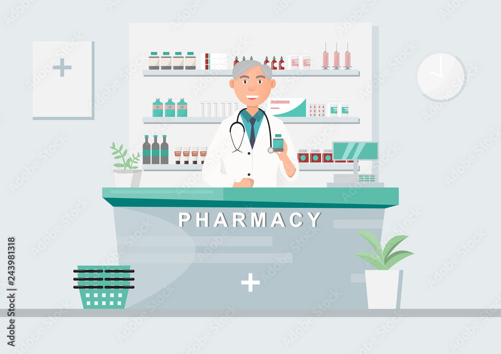 pharmacy with doctor in counter. drugstore cartoon character