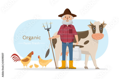 happy farmer family cartoon character in organic rural farm
