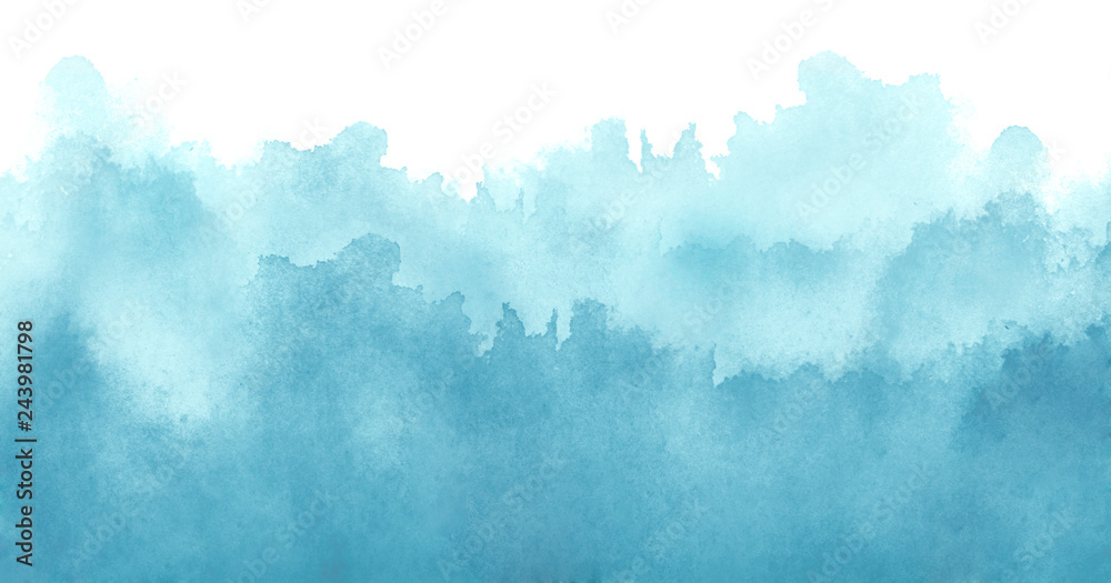 Watercolor blue background, blot, blob, splash of blue paint on white background. Abstract blue ink wash painting. Grunge texture. Blue abstract silhouette of the forest, fog. - obrazy, fototapety, plakaty 