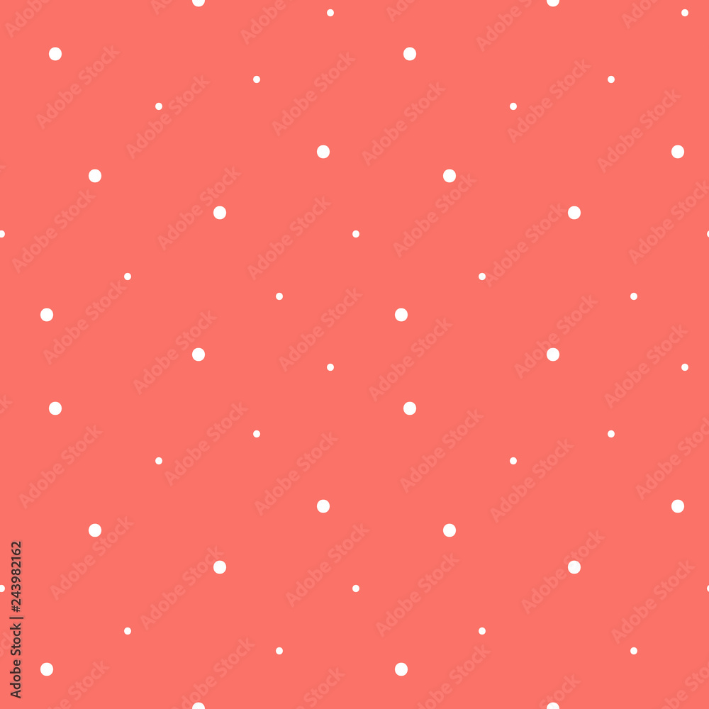 White dots on trendy coral color abstract seamless pattern background.