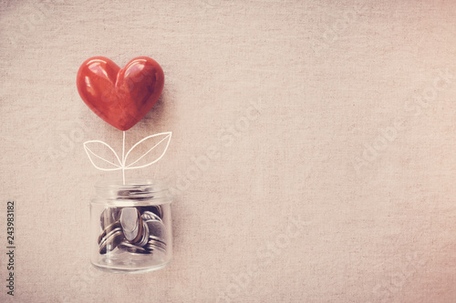 Vászonkép a jar of heart tree growing on money coins, social responsibility and donation c