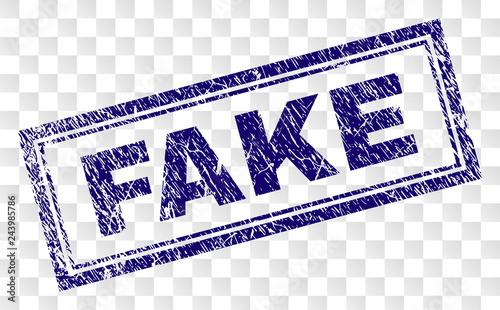 FAKE stamp seal print with dirty style and double framed rectangle shape. Stamp is placed on a transparent background. Blue vector rubber print of FAKE caption with unclean texture.