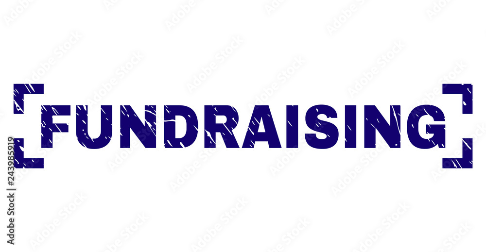 FUNDRAISING text seal print with distress texture. Text title is placed between corners. Blue vector rubber print of FUNDRAISING with dust texture.
