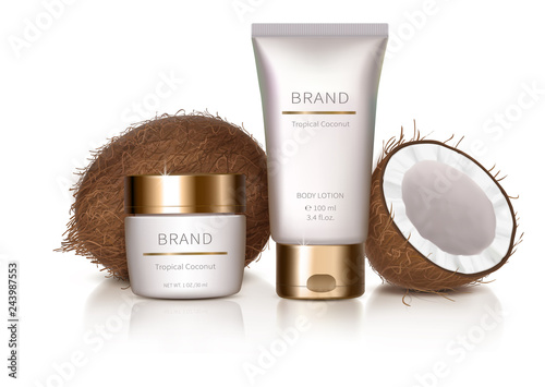 Cosmetic realistic vector background. White jar and tube with golden lid and coconut isolated on white background. Design element with organic cosmetics, package set for natural product