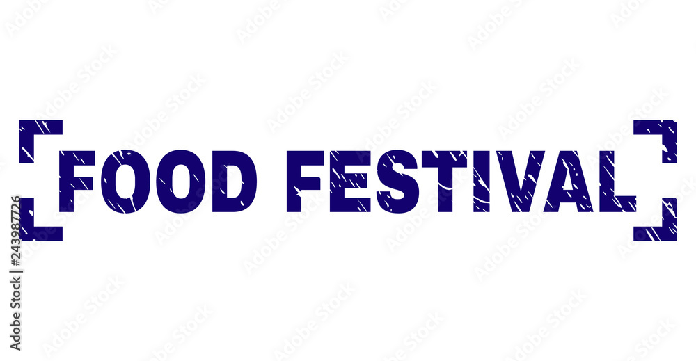 FOOD FESTIVAL text seal print with grunge effect. Text tag is placed between corners. Blue vector rubber print of FOOD FESTIVAL with grunge texture.