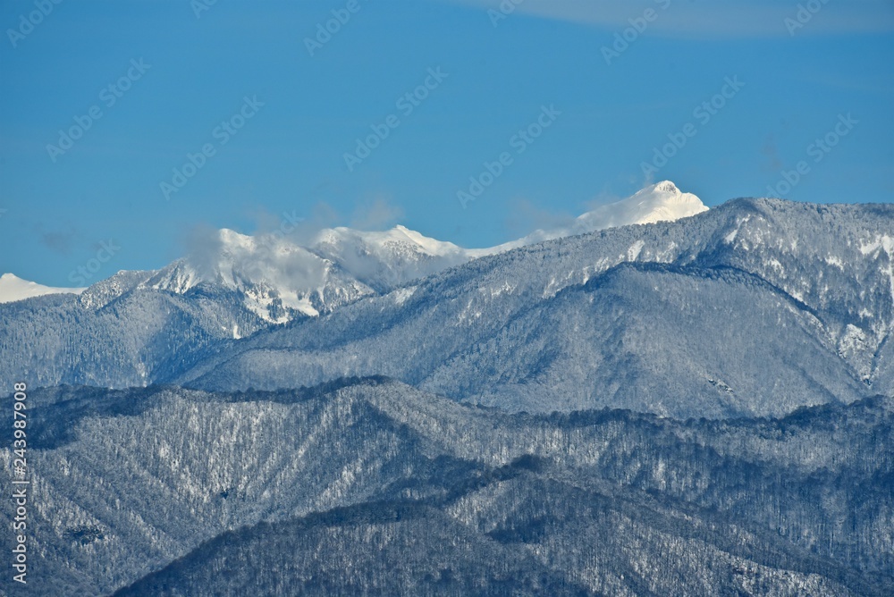 Panorama of snowy mountains. Winter forest and rocky peaks in the snow. Sunny winter day.