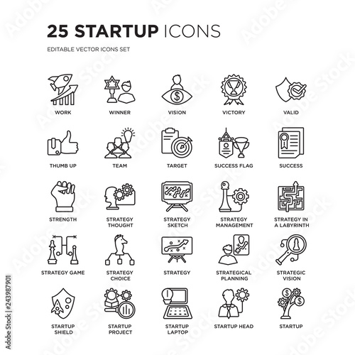 Set of 25 Startup linear icons such as Work  Winner  Vision  Victory  Valid  Success  Strategy in a labyrinth  vector illustration of trendy icon pack. Line icons with thin line stroke.