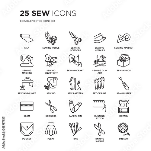 Set of 25 Sew linear icons such as silk, Sewing tools, scissors, needles, sewing Marker, box, Seam ripper, vector illustration of trendy icon pack. Line icons with thin line stroke.