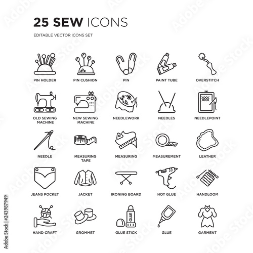Set of 25 Sew linear icons such as Pin holder, cushion, Pin, Paint tube, Overstitch, needlepoint, Leather, handloom, vector illustration of trendy icon pack. Line icons with thin line stroke.