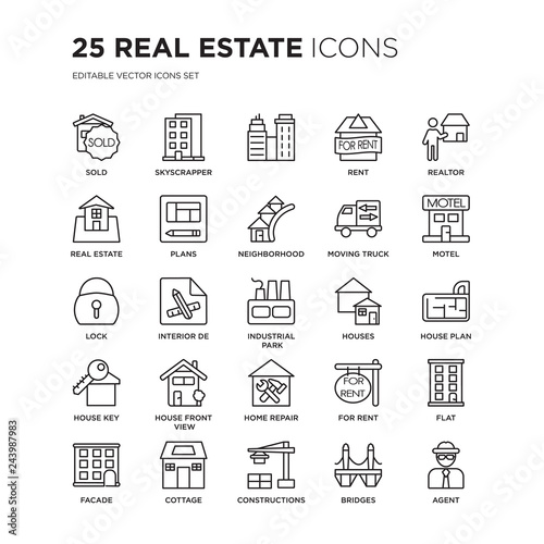 Set of 25 Real estate linear icons such as Sold, Skyscrapper, , Rent, Realtor, Motel, House plan, Flat, Cottage, Agent, vector illustration of trendy icon pack. Line icons with thin line stroke.