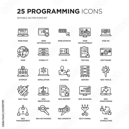 Set of 25 Programming linear icons such as Web page, optimization, domain, development, de, Software, vector illustration of trendy icon pack. Line icons with thin line stroke.