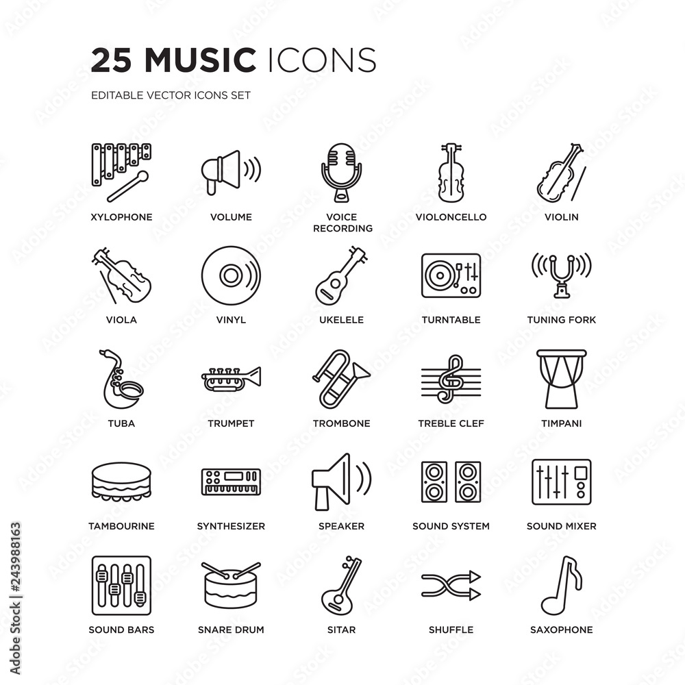 Set of 25 Music linear icons such as Xylophone, Volume, Voice recording, Violoncello, Violin, Tuning Fork, Timpani, vector illustration of trendy icon pack. Line icons with thin line stroke.