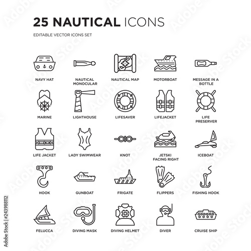 Set of 25 Nautical linear icons such as Navy Hat, Monocular, nautical Map, motorboat, Message In a Bottle, vector illustration of trendy icon pack. Line icons with thin line stroke.