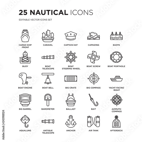 Set of 25 Nautical linear icons such as Cargo Ship Front View, caravel, Captain Hat, capsizing, Buoys, Boat Porthole, vector illustration of trendy icon pack. Line icons with thin line stroke.