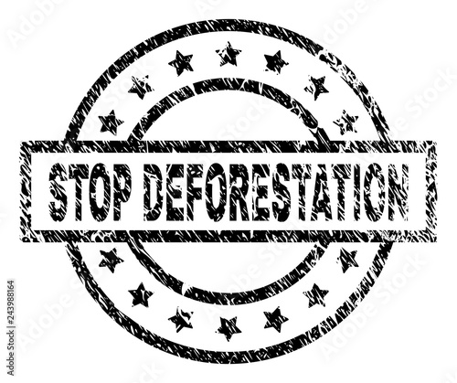 STOP DEFORESTATION stamp seal watermark with distress style. Designed with rectangle, circles and stars. Black vector rubber print of STOP DEFORESTATION tag with dust texture.