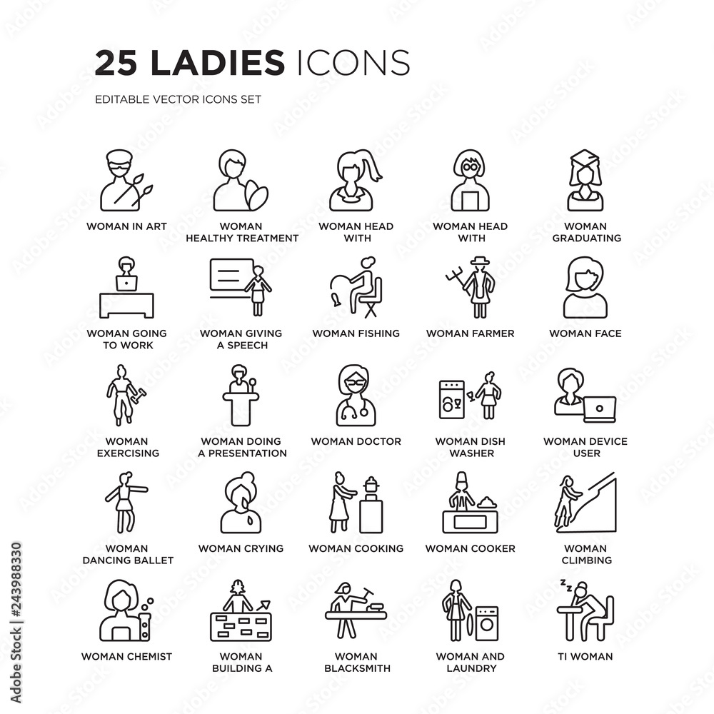 Set of 25 Ladies linear icons such as Woman In Art, Healthy Treatment, Head with Ponytail, Glasses, vector illustration of trendy icon pack. Line icons with thin line stroke.