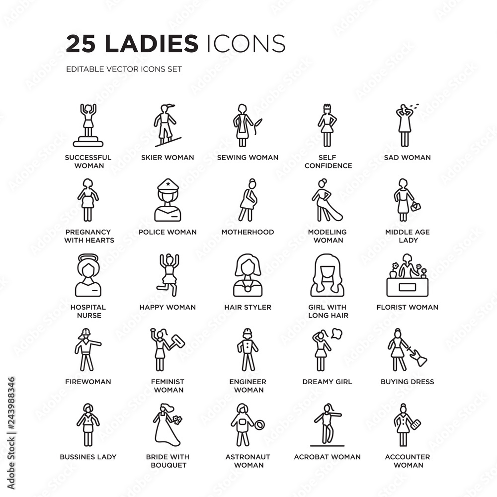 Set of 25 Ladies linear icons such as Successful woman, Skier Woman, Sewing Self Confidence, Sad Middle Age Lady, vector illustration of trendy icon pack. Line icons with thin line stroke.