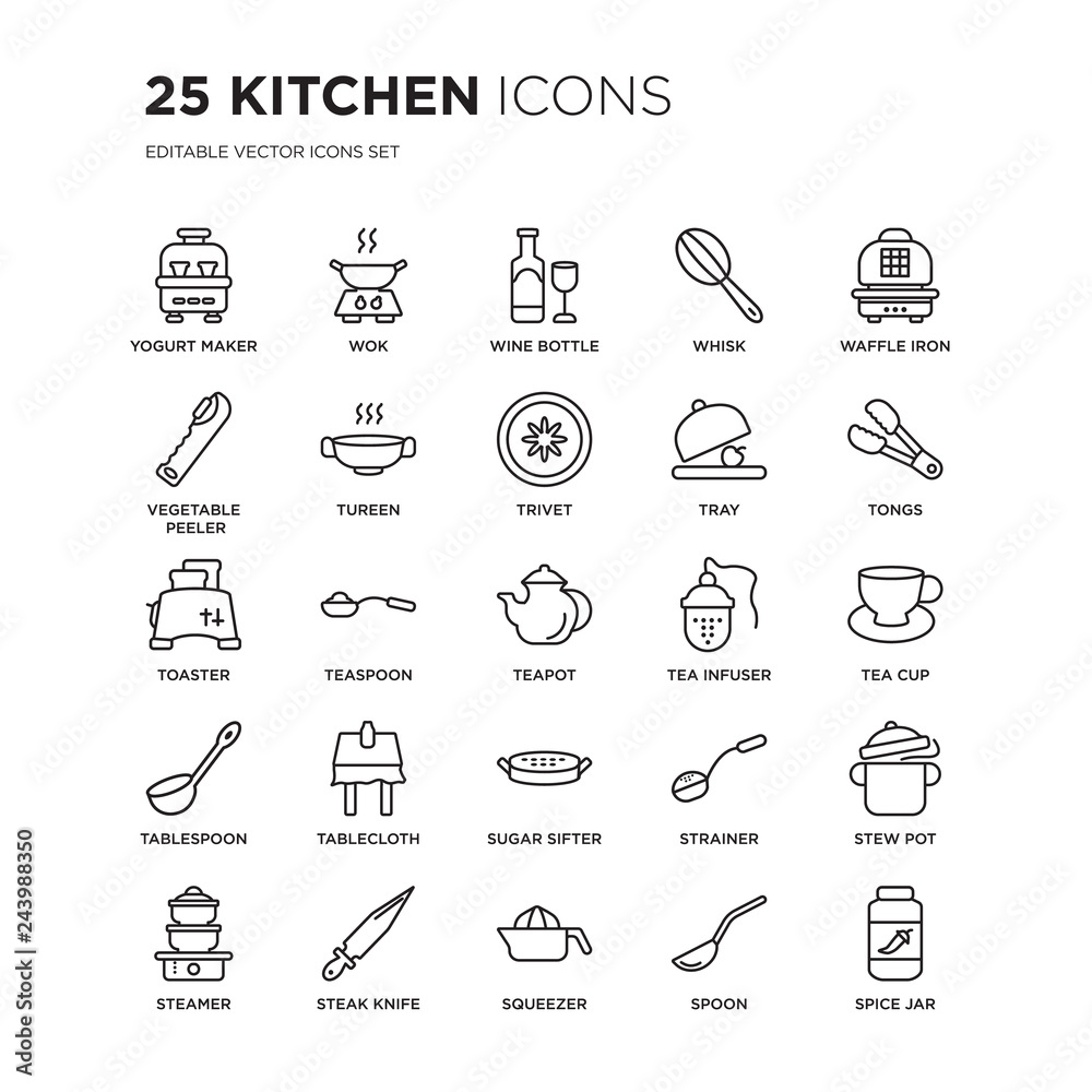 Set of 25 Kitchen linear icons such as yogurt maker, wok, Wine bottle, Whisk, waffle iron, tongs, Tea cup, stew pot, vector illustration of trendy icon pack. Line icons with thin line stroke.