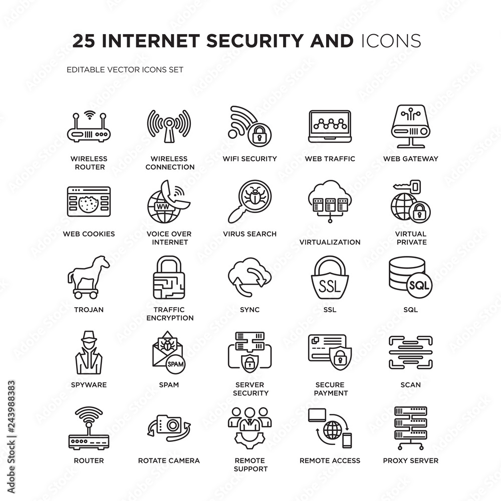 Set of 25 INTERNET SECURITY AND linear icons such as Wireless router, connection, Wifi security, web traffic, vector illustration of trendy icon pack. Line icons with thin line stroke.