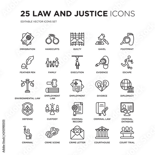 Set of 25 law and justice linear icons such as immigration, Handcuffs, Guilty, Gavel, Footprint, Escape, diplomacy, vector illustration of trendy icon pack. Line icons with thin line stroke.