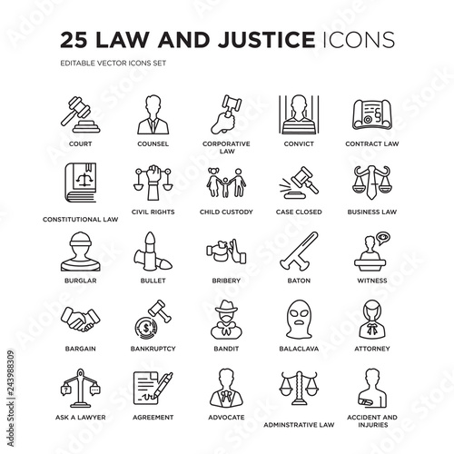 Set of 25 law and justice linear icons such as Court, counsel, corporative law, Convict, contract business Witness, vector illustration of trendy icon pack. Line icons with thin line stroke.