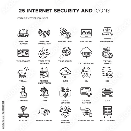 Set of 25 INTERNET SECURITY AND linear icons such as Wireless router  connection  Wifi security  web traffic  vector illustration of trendy icon pack. Line icons with thin line stroke.