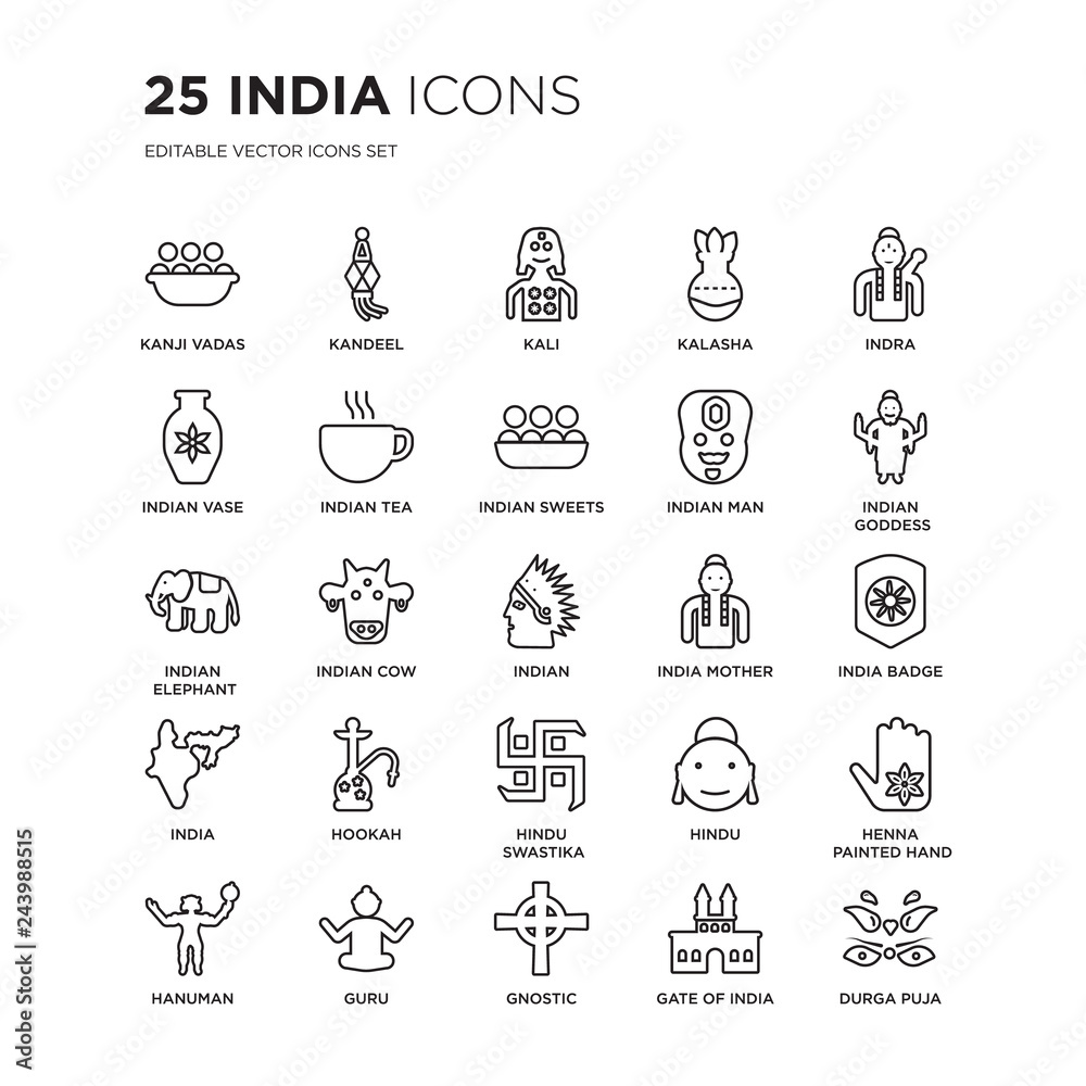 Set of 25 india linear icons such as Kanji vadas, Kandeel, Kali, Kalasha, Indra, indian Goddess, Badge, vector illustration of trendy icon pack. Line icons with thin line stroke.