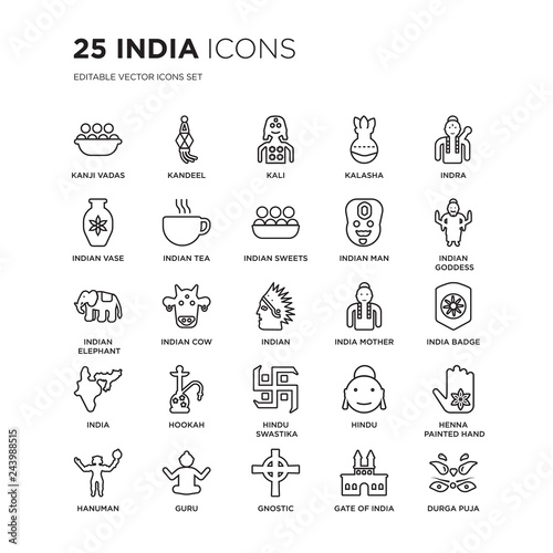Set of 25 india linear icons such as Kanji vadas  Kandeel  Kali  Kalasha  Indra  indian Goddess  Badge  vector illustration of trendy icon pack. Line icons with thin line stroke.