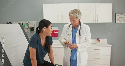 Doctor with tablet computer in exam room listening to female patient
