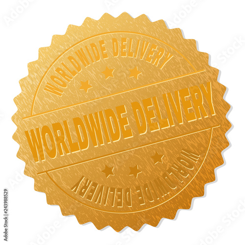 WORLDWIDE DELIVERY gold stamp medallion. Vector golden award with WORLDWIDE DELIVERY title. Text labels are placed between parallel lines and on circle. Golden area has metallic texture.