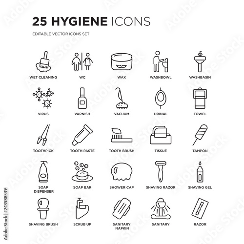 Set of 25 Hygiene linear icons such as wet cleaning, Wc, Wax, Washbowl, Washbasin, Towel, Tampon, shaving gel, scrub up, Razor, vector illustration of trendy icon pack. Line icons with thin line
