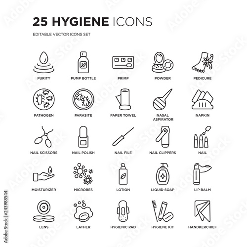 Set of 25 Hygiene linear icons such as purity, pump bottle, primp, powder, Pedicure, Napkin, Nail, Lip balm, lather, vector illustration of trendy icon pack. Line icons with thin line stroke.