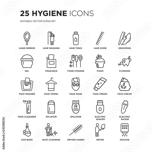 Set of 25 Hygiene linear icons such as Hand mirror, Hair washing, hair tonic, comb, grooming, flossing, face cream, vector illustration of trendy icon pack. Line icons with thin line stroke.