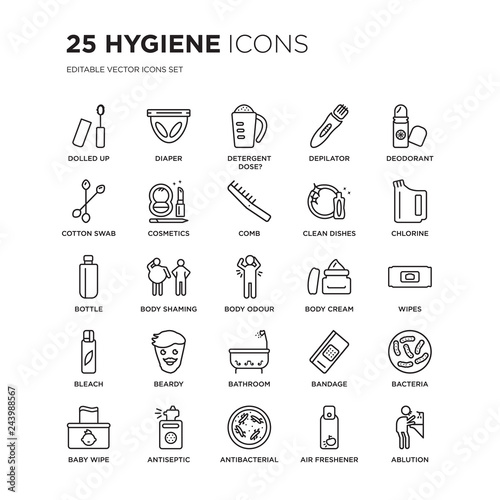 Set of 25 Hygiene linear icons such as dolled up, Diaper, Detergent dose?, Depilator, Deodorant, Chlorine, Wipes, Bacteria, vector illustration of trendy icon pack. Line icons with thin line stroke.
