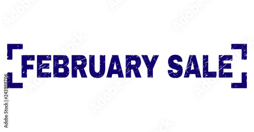FEBRUARY SALE text seal print with distress texture. Text caption is placed inside corners. Blue vector rubber print of FEBRUARY SALE with corroded texture.