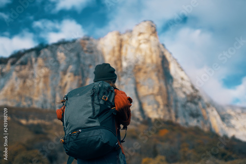 mountains nature hike autumn woman with backpack