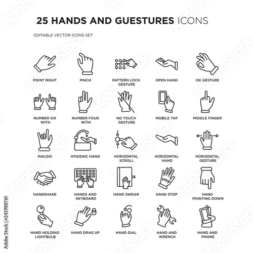 Set of 25 HANDS AND GUESTURES linear icons such as Point Right, Pinch, Pattern lock gesture, Open hand, Ok gesture, vector illustration of trendy icon pack. Line icons with thin line stroke.