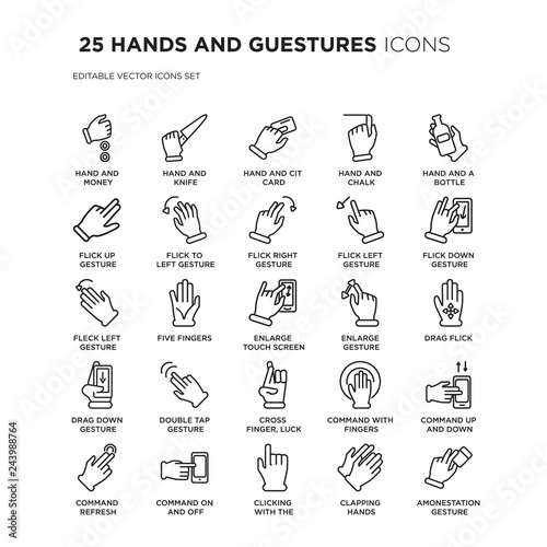 Set of 25 HANDS AND GUESTURES linear icons such as Hand and Money, Knife, Cit Card, Chalk, vector illustration of trendy icon pack. Line icons with thin line stroke.