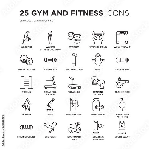 Set of 25 Gym and fitness linear icons such as Workout, Women Fitness Clothing, Weights, Weightlifting, Weight scale, vector illustration of trendy icon pack. Line icons with thin line stroke.