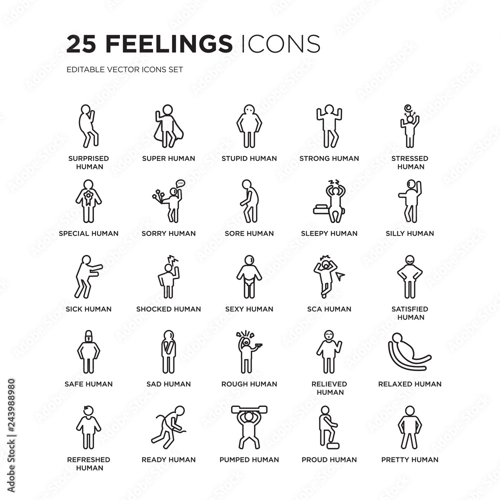 Set of 25 Feelings linear icons such as surprised human, super stupid strong stressed silly human, vector illustration of trendy icon pack. Line icons with thin line stroke. Set of 25 Feelings linear icons such as surprised human, super stupid strong stressed silly human, vector illustration of trendy icon pack. Line icons with thin line stroke.