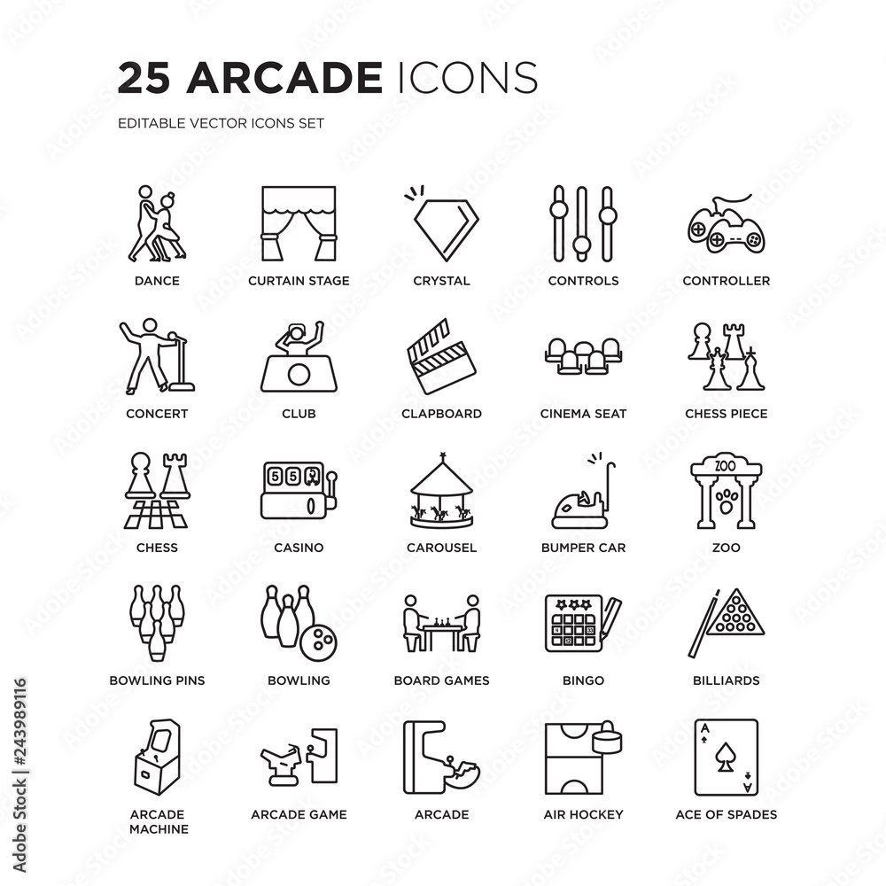 Set of 25 Arcade linear icons such as dance, curtain stage, Crystal, Controls, Controller, Chess piece, zoo, Billiards, vector illustration of trendy icon pack. Line icons with thin line stroke.