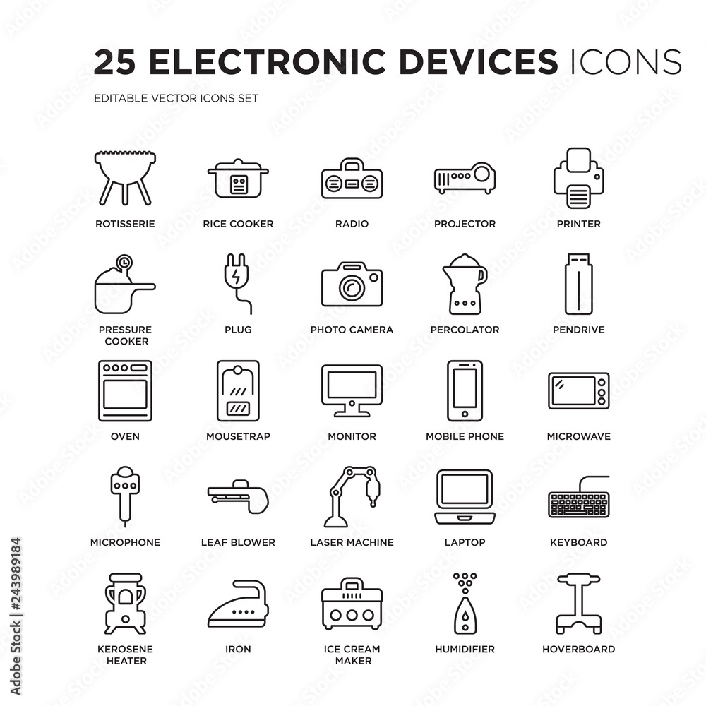 Set of 25 Electronic devices linear icons such as rotisserie, Rice cooker, Radio, Projector, Printer, Pendrive, Microwave, vector illustration of trendy icon pack. Line icons with thin line stroke. Set of 25 Electronic devices linear icons such as rotisserie, Rice cooker, Radio, Projector, Printer, Pendrive, Microwave, vector illustration of trendy icon pack. Line icons with thin line stroke.