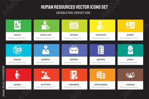 Set of 15 flat human resources icons - Resume, Remove user, Onboarding, Profiles, Pension, Planning, Person, Office building. Vector illustration isolated on colorful background