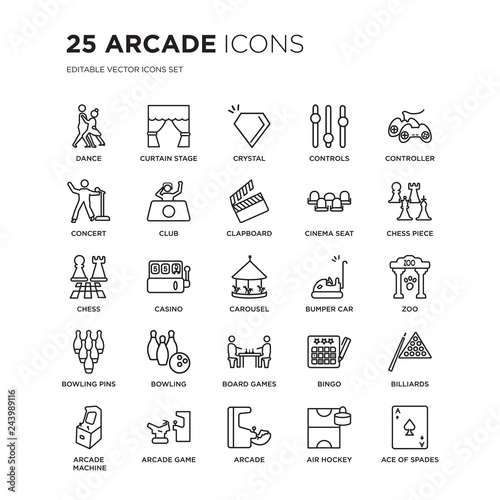 Set of 25 Arcade linear icons such as dance, curtain stage, Crystal, Controls, Controller, Chess piece, zoo, Billiards, vector illustration of trendy icon pack. Line icons with thin line stroke.
