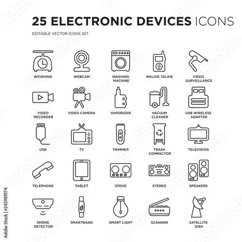 Set of 25 Electronic devices linear icons such as Weighing, Webcam, Washing machine, Walkie talkie, video surveillance, vector illustration of trendy icon pack. Line icons with thin line stroke.