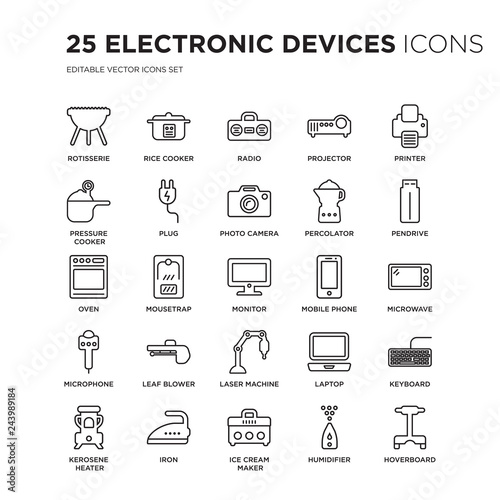 Set of 25 Electronic devices linear icons such as rotisserie, Rice cooker, Radio, Projector, Printer, Pendrive, Microwave, vector illustration of trendy icon pack. Line icons with thin line stroke.